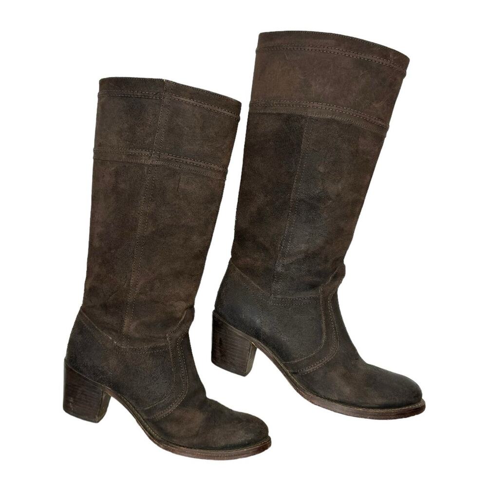 Frye Jean Jane Brown Roughout Leather Stitched Pull On Tall Riding Western Boots